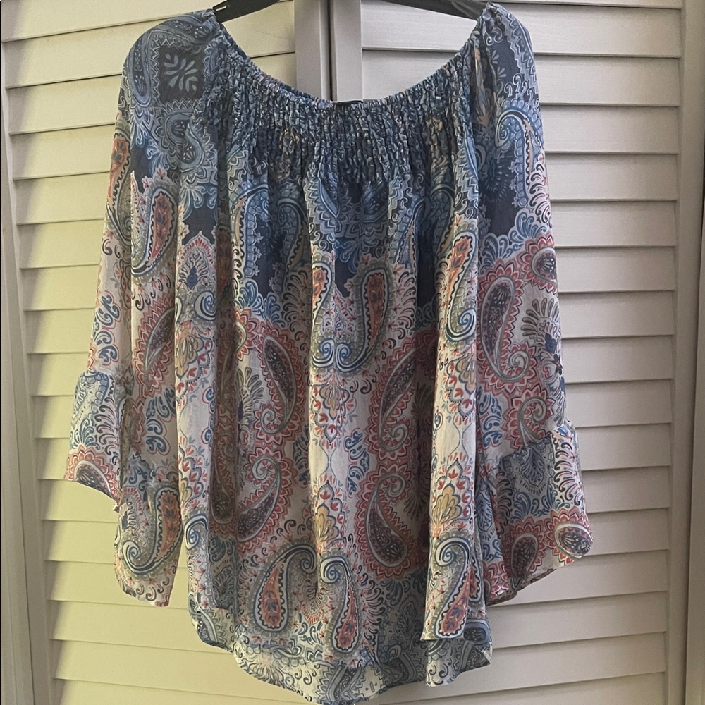 Zac and Rachel Paisley Off-Shoulder Women's boho style with bell sleeves
